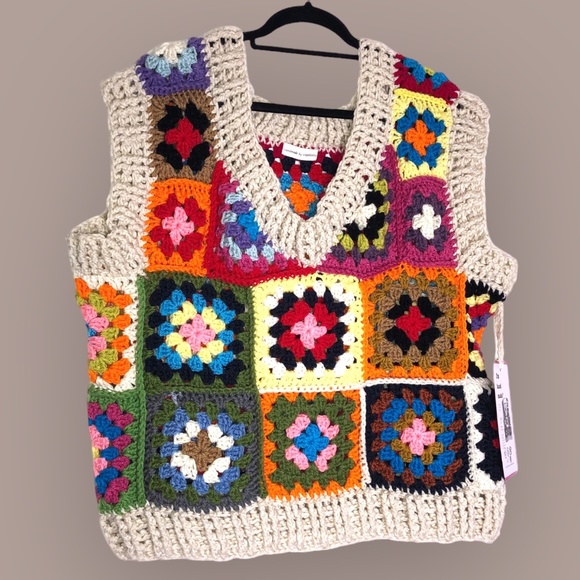 Multicolor Patchwork Oversized Chunky Crochet Pullover Sweater Vest - Picture 4 of 15